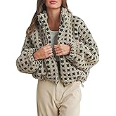 Yoawdats Womens Cute Sherpa Fleece Jacket Fuzzy Zip Up Checkered Cropped Going Out Jacket Teddy Fluffy Casual Outerwear