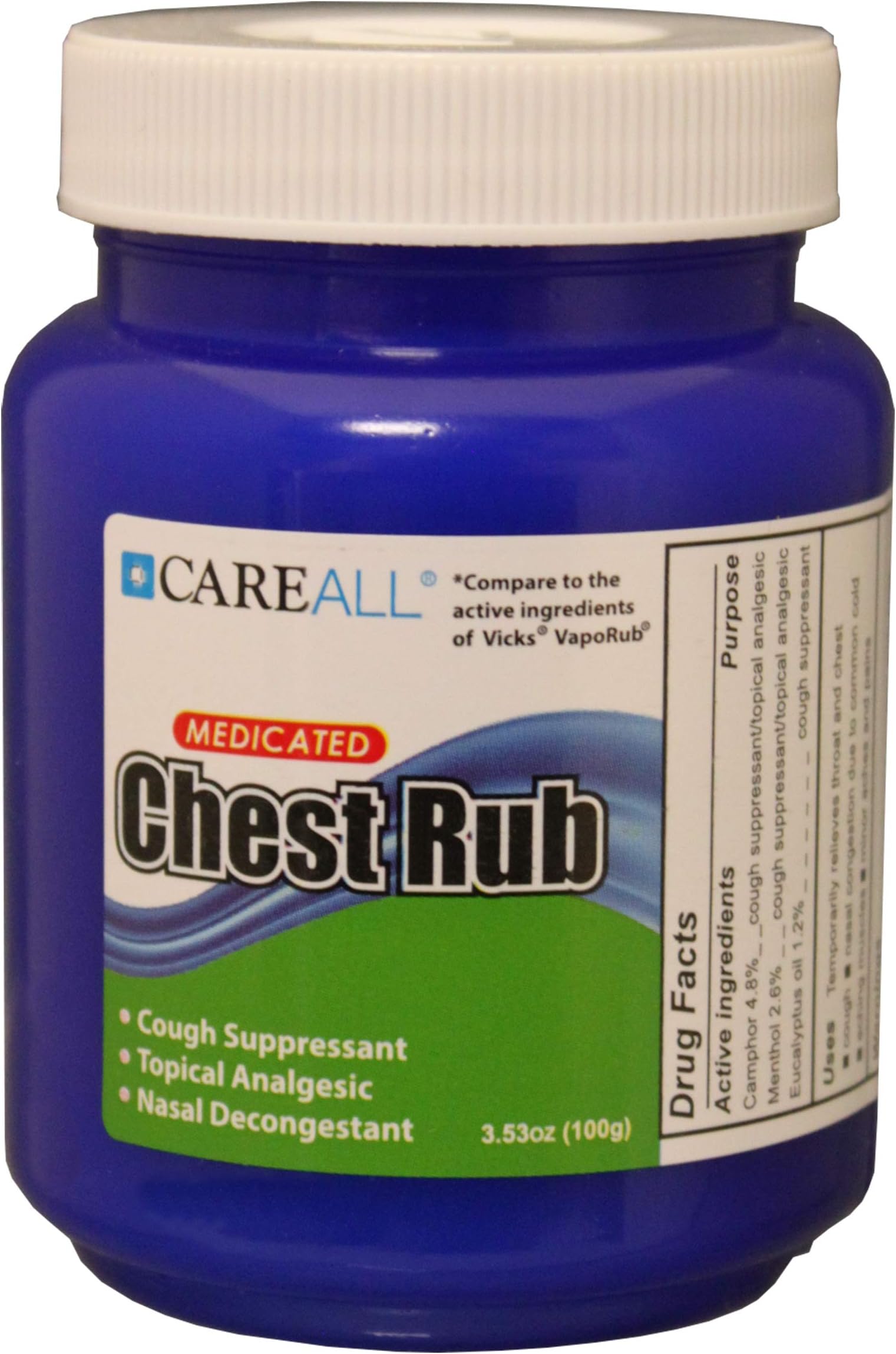 CareALL 3.53oz Medicated Vapor Chest Rub Ointment. Topical Analgesic, Cough Suppressant and Nasal Decongestant. Relief from Cough, Cold, Aches and Pains.