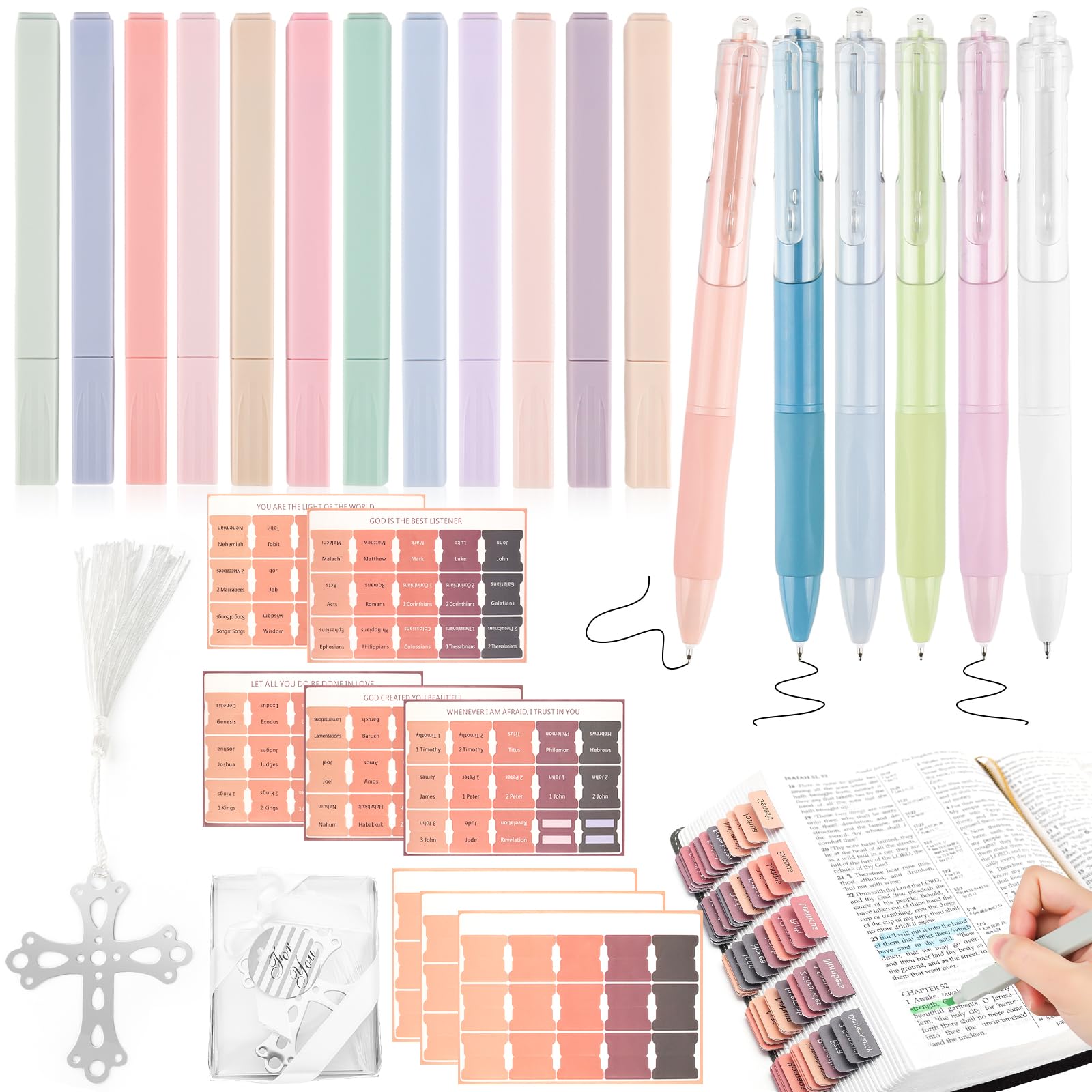 Aesthetic Highlighters, 12 Pcs Bible Highlighters with 6 x 0.5mm Gel Pens & 120 Bible Tabs & A Bookmark, with Gift Box, Multipack Bible Journaling Supplies, Aesthetic Stationery For Office, School