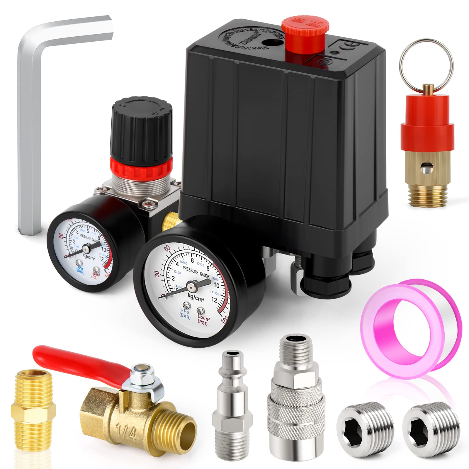 Photo 1 of MEANLIN MEASURE Air Compressor Pressure Switch Control Valve 90-120 PSI 110V-240V 4-way Replacement Parts With 0-180 Psi Air Compressor Regulator and Safety Pressure Relief Valve