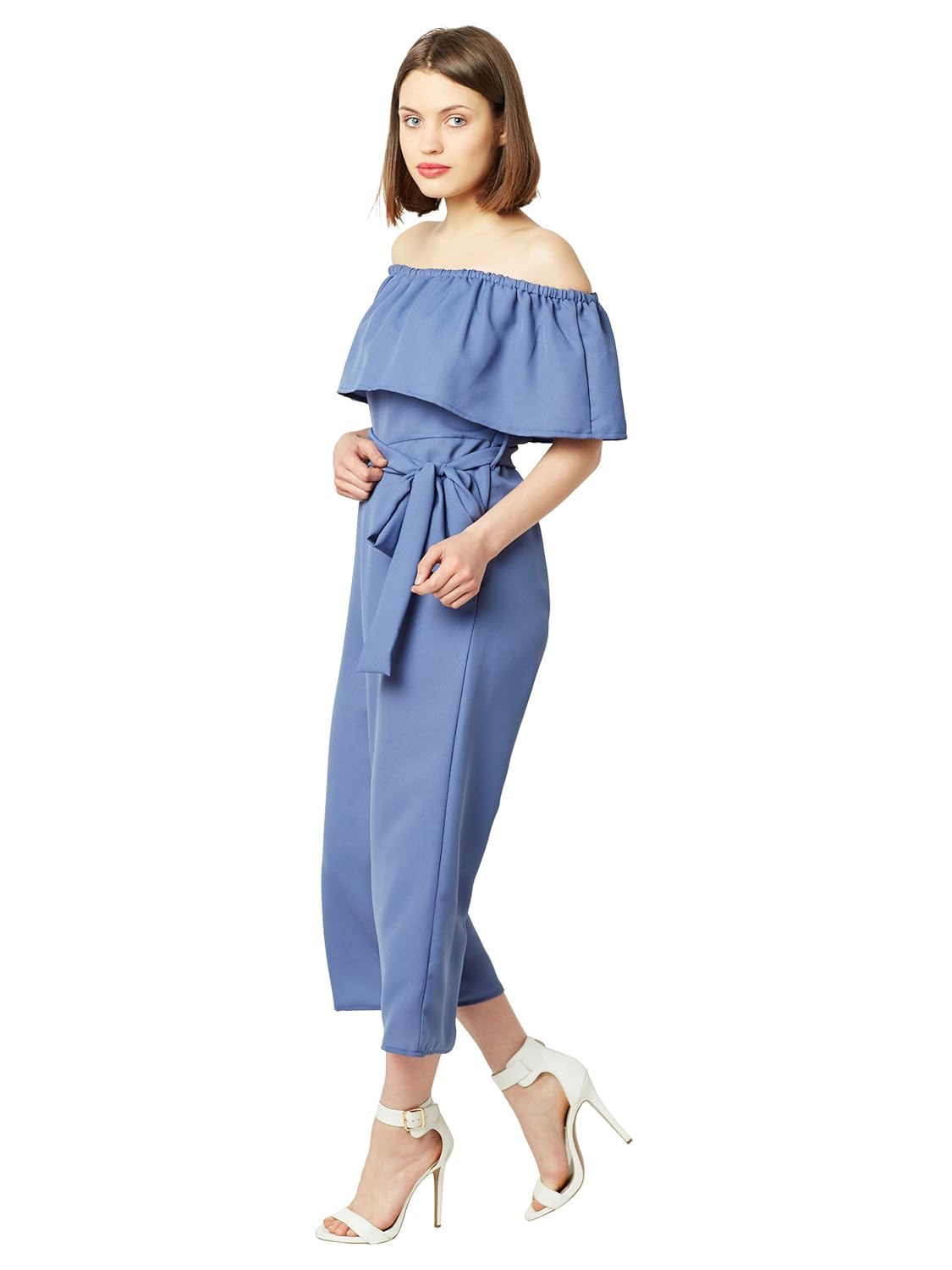 miss chase women's blue off-shoulder ruffled midi jumpsuit