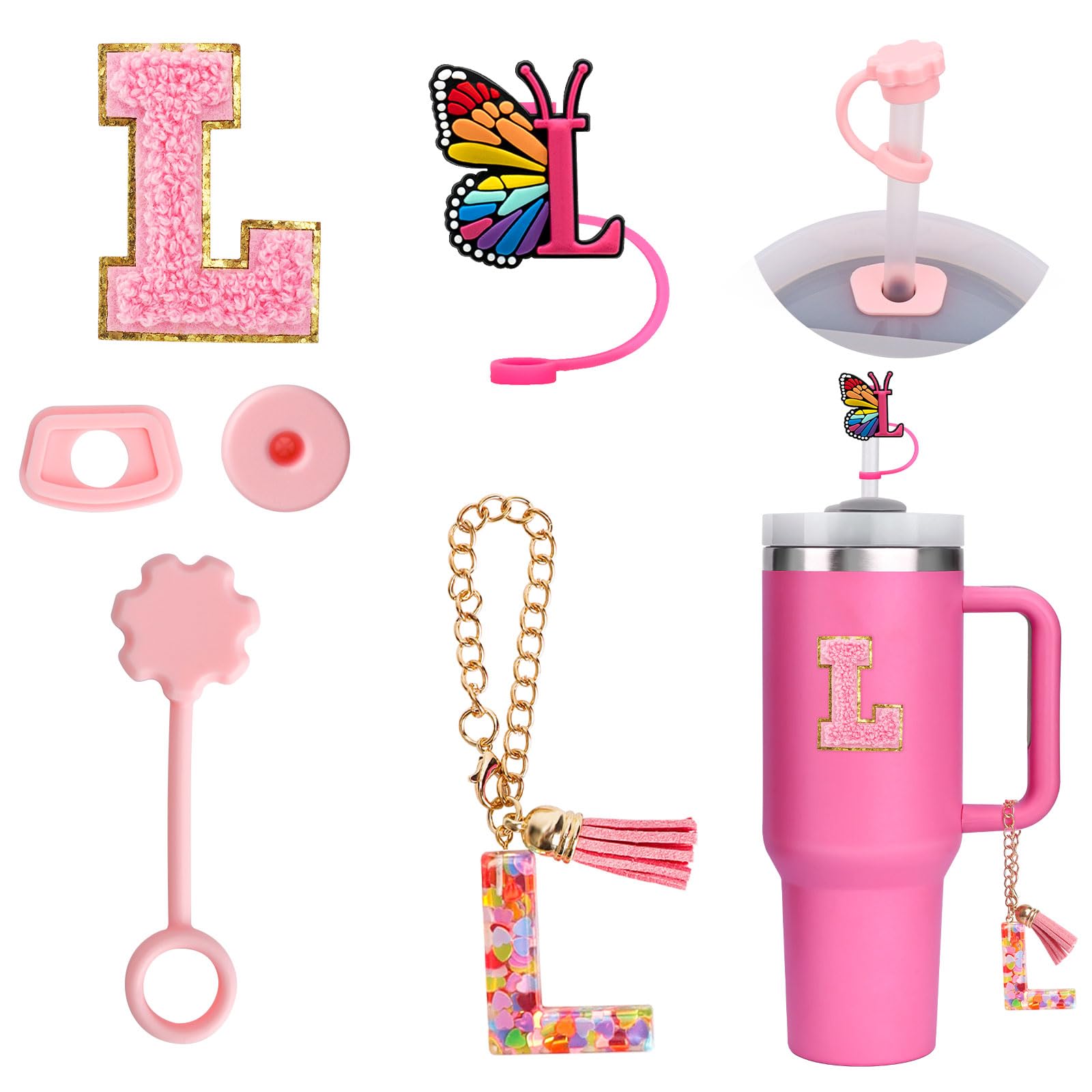 6PCS Personalized Stanley Accessories: Straw Cover Cap, Letter Charm & Leak Stopper for Stanley Cup (L)