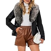 Bellivera Women's Faux Leather Jacket Moto Biker Sherpa-Lined Coat with Removable Fur Collar