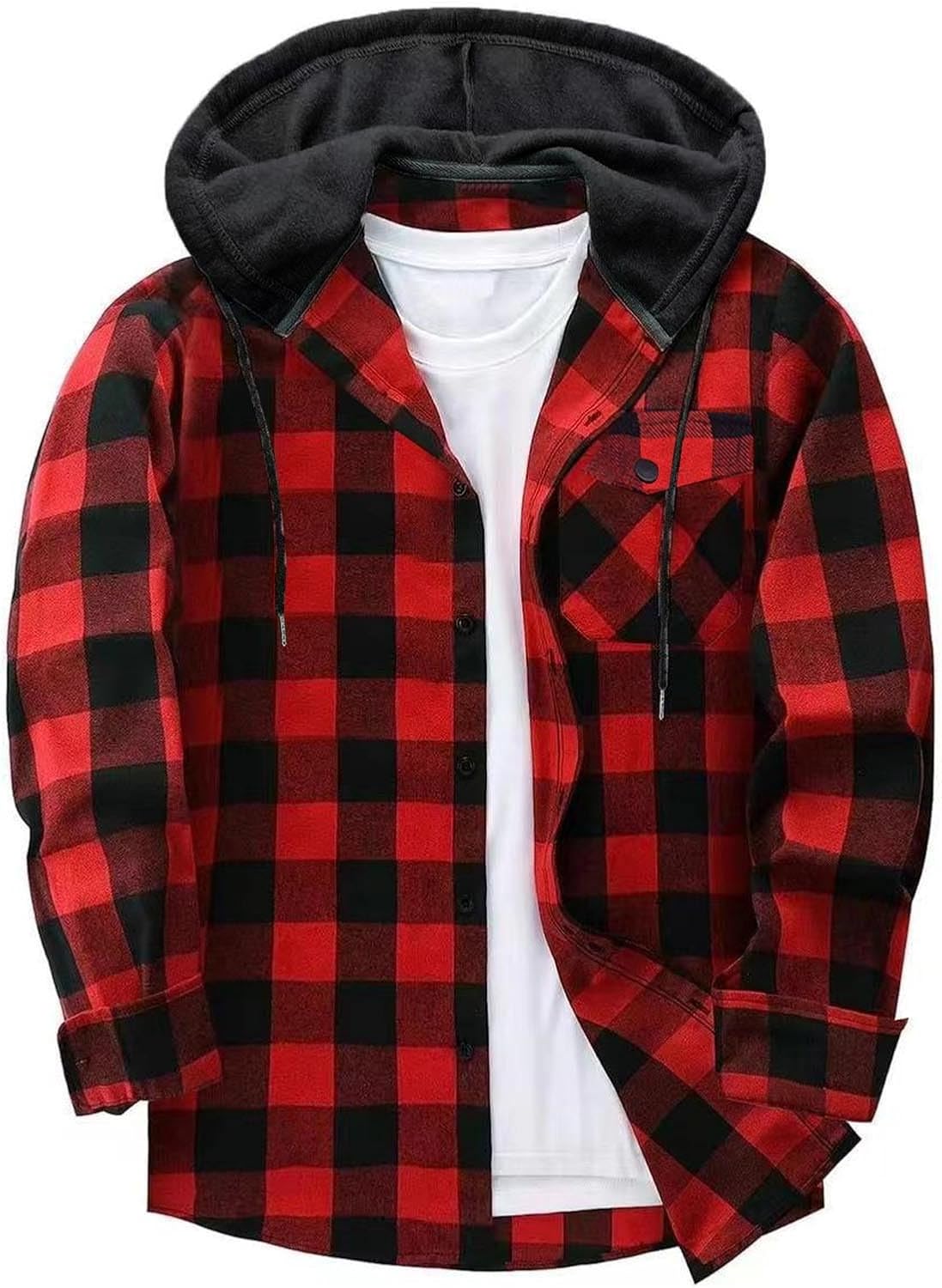 Shirts for Men Long Sleeve Fashion Casual Button Down Plaid Shirt Drawstring Hooded Jackets Lightweight Shacket 2026