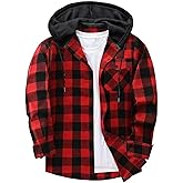 Men's Long Sleeve Hoodie Plaid Classic Flannel Shirt Casual Button Down Pocket Jacket Lightweight Fall Trendy Top 2025 Red