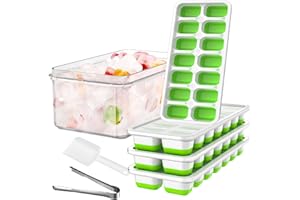 GEWTYOD Ice Cube Tray with Lid and Bin, 4 Pack Silicone Ice Cube Trays for Freezer, 56-Ice Trays for Freezer with Bin,Ice Tong,Ice Scoop, BPA Free Stackable Ice Tray for Cocktail,Beer (Green