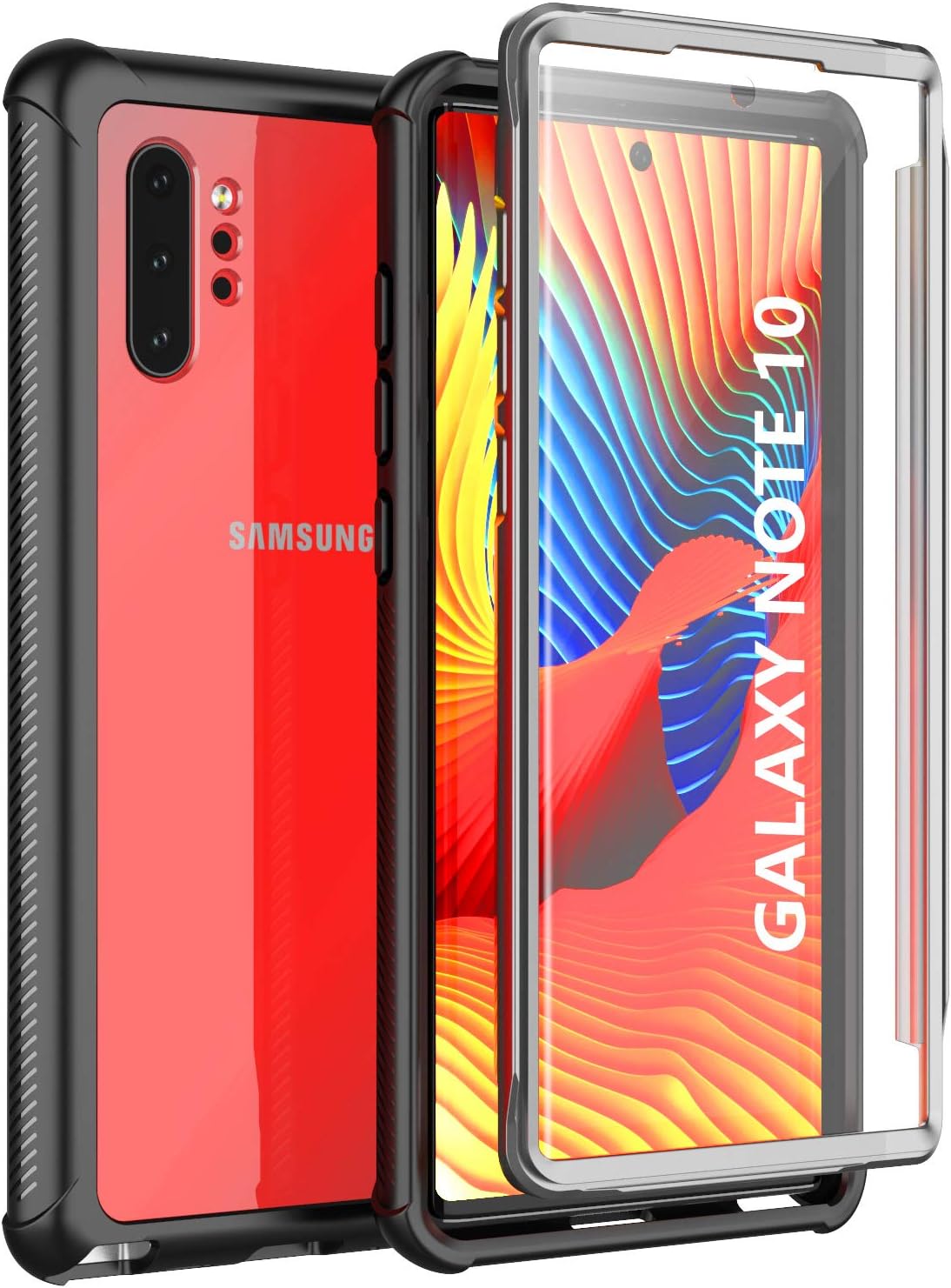 Huakay Samsung Galaxy Note 10+ Case, 【2019 New】 360° Full Body Protective Shockproof Rugged Back Clear Case for Samsung Note 10+ 6.8inch(Black/Clear Back)