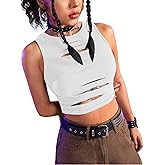 Floerns Women's Cut Out Sleeveless Round Neck Punk Rock Solid Ripped Crop Tank Top