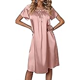 Ekouaer Women's Satin Silk Pleated Nightgown Loose Sleepwear Printed Nightshirt Short Sleeve Sleep Dress