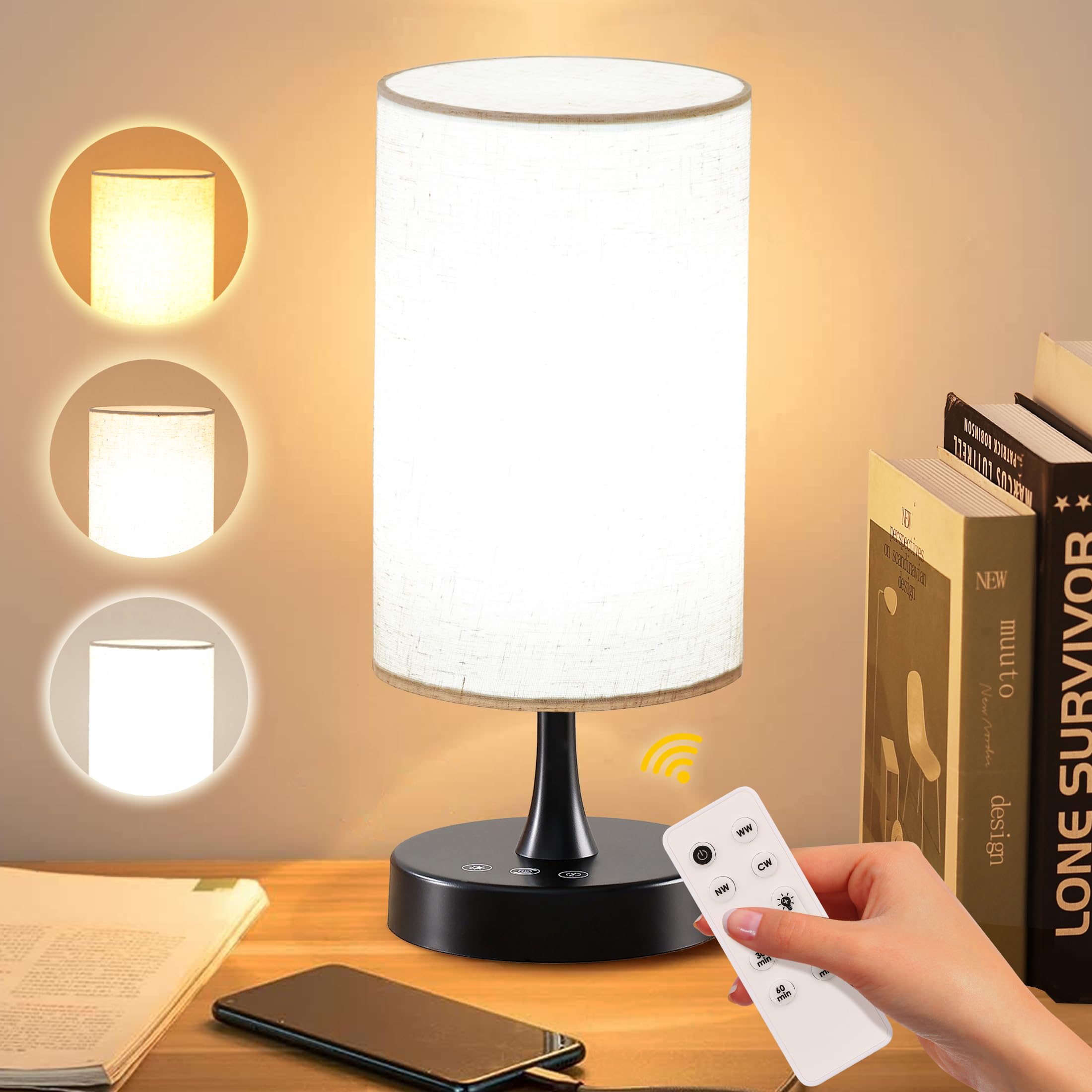 Caromolly Sun Lamp, 10,000 Lux Light Therapy with Remote Control, 3 Color Temperatures & 4 Brightness Levels & Timer, Full Spectrum for Home & Office (Black Base, Linen Shade)