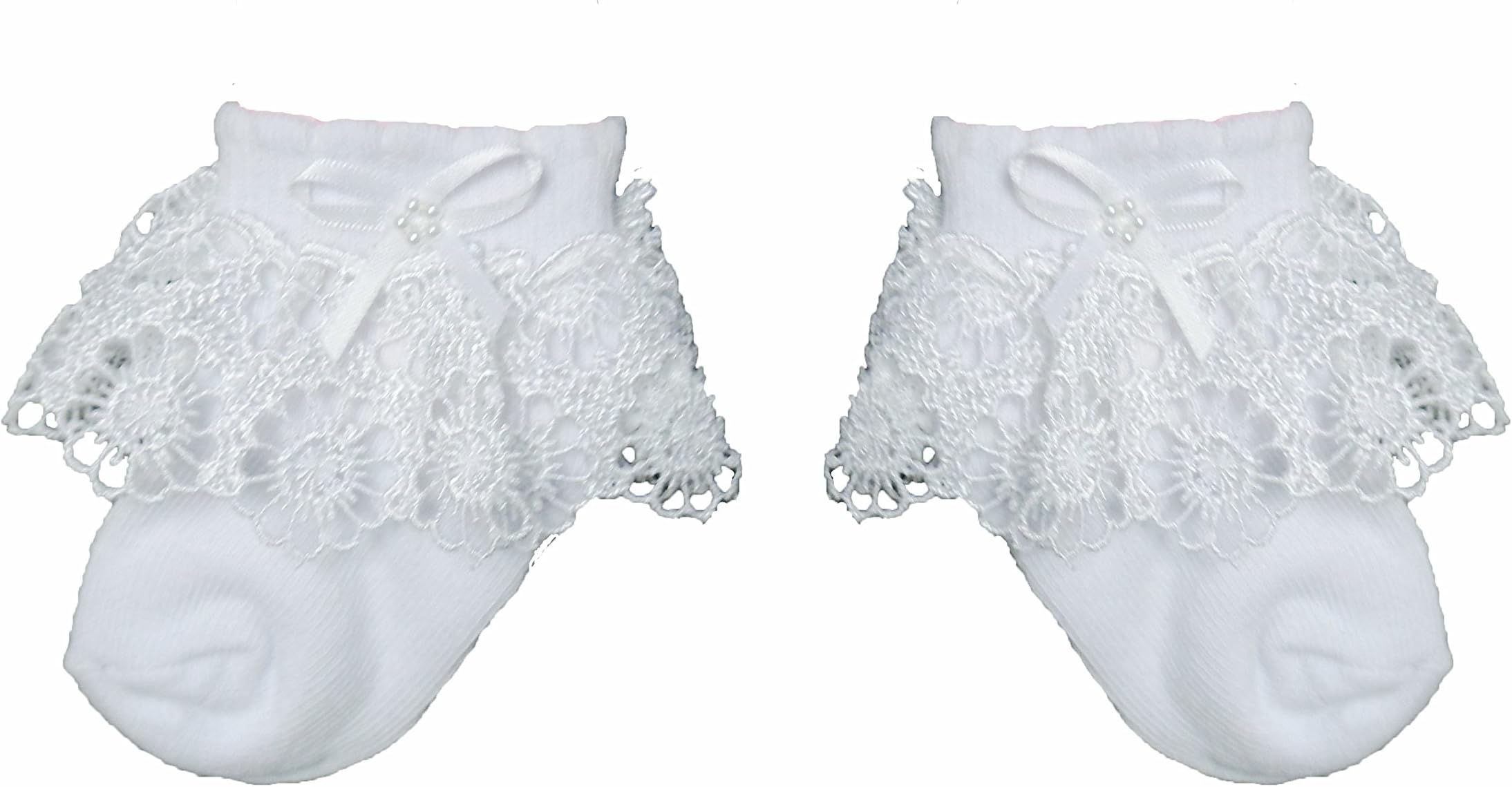 Baby Girls Cute Lacey Crochet Frilly Socks with Pearls & Bow - White (0-3 Months)