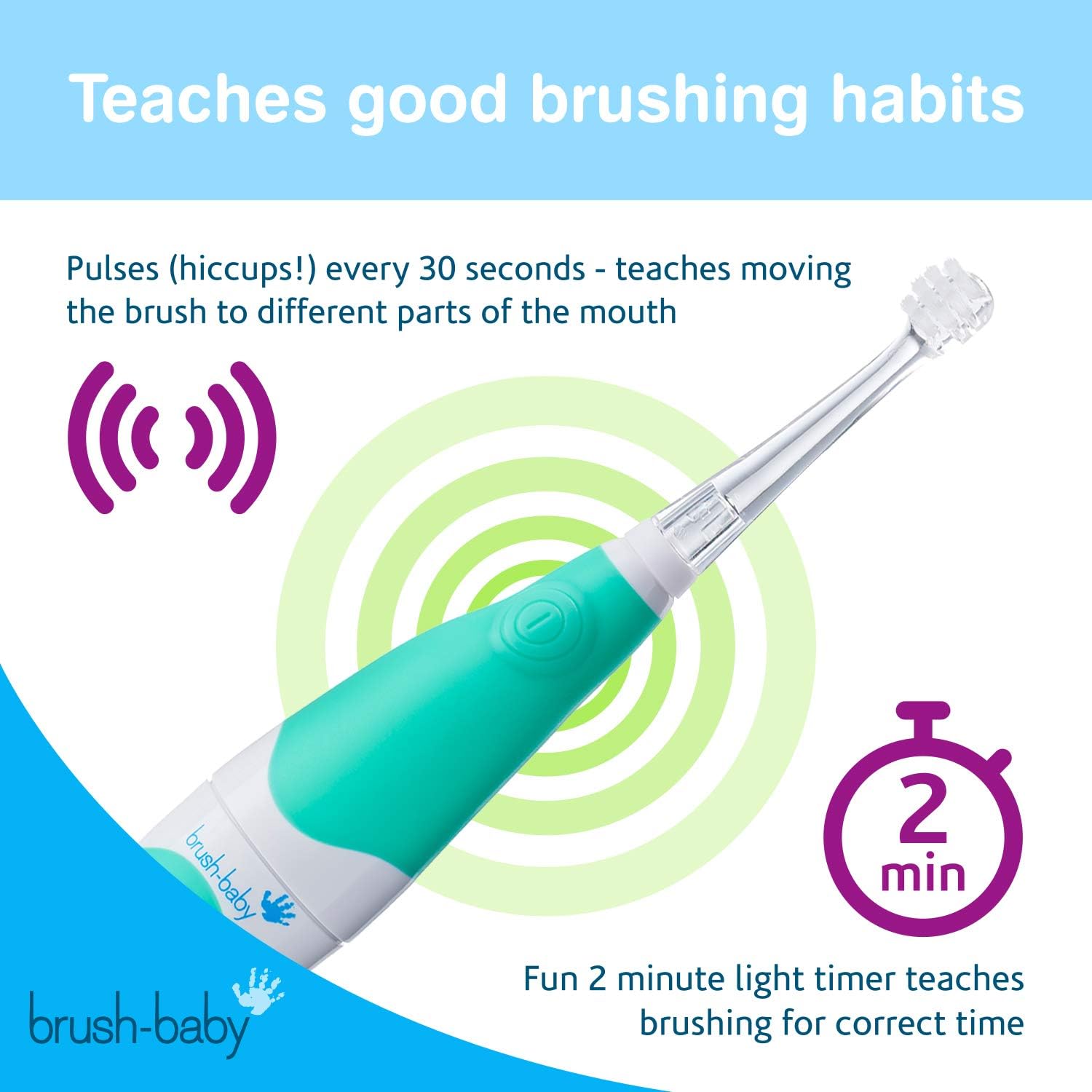 Brush-Baby BabySonic Kids,Toddler Electric Toothbrush, 0-36 Months, LED Light +2-min Timer,Sucker Base, Teal - Image 4