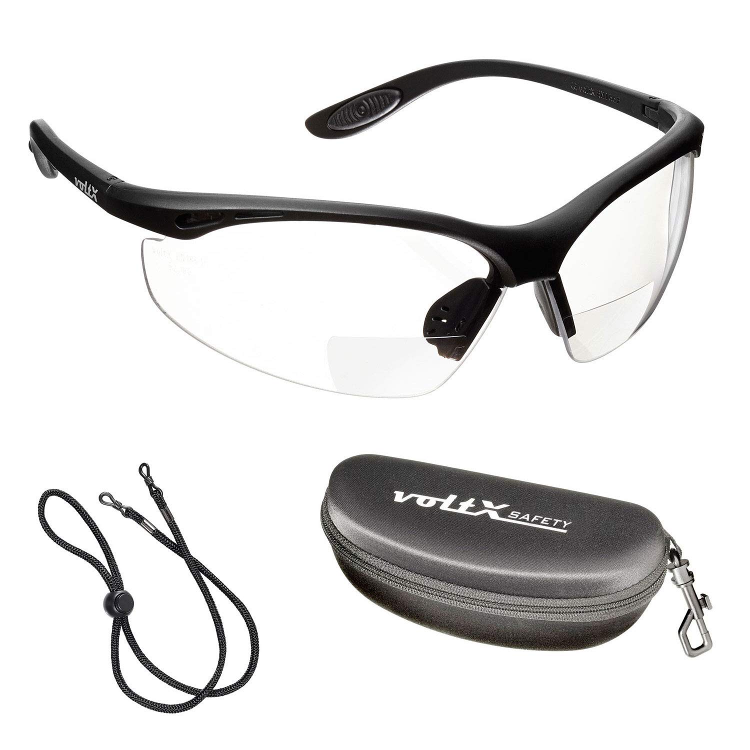 voltX 'CONSTRUCTOR' BIFOCAL Reading Safety Glasses (CLEAR +3.0 Dioptre) UKCA & CE EN166F certified/Cycling Sports Glasses includes safety cord + Clamshell Safety Case + UV400 anti fog coated lens