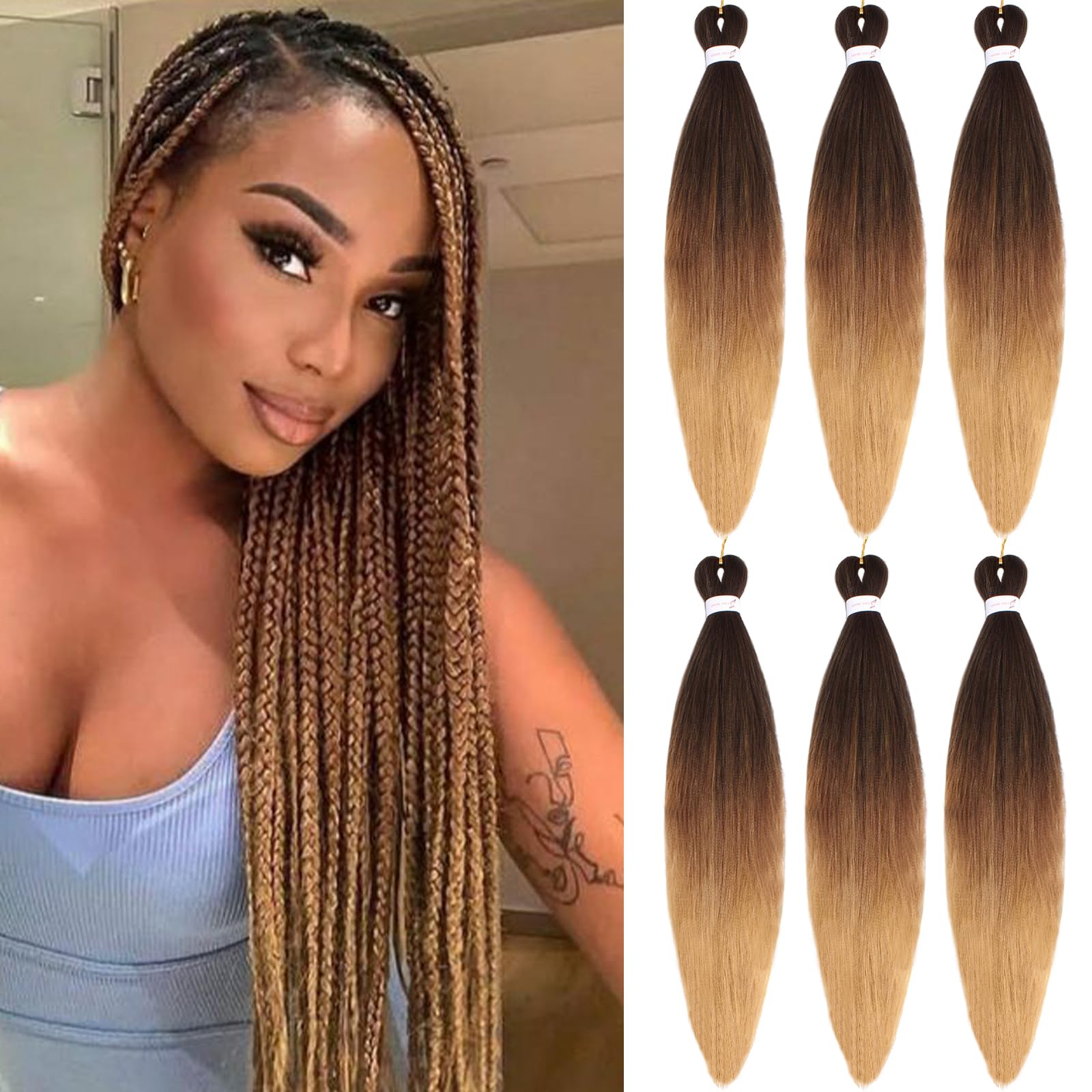 Samtress Braiding Hair 24 Inch 6 Packs Pre Stretched EZ Braiding Hair Professional Kanekalon Soft Yaki Texture Synthetic Fiber 3 Tone Ombre Hot Water Setting Crochet Braids Hair Extensions (#1B/30/27) — image 1