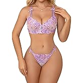 Aranmei Womens Sexy Floral Embroidered Lingerie Set Mesh Sheer Cute Underwire Push Up Bra and Panty S-XXL