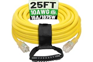 POWGRN 25 Ft 10/3 Outdoor Extension Cord Waterproof Heavy Duty 10 Gauge 3 Prong, Flexible Cold-Resistant Power Cord Indoor & Outside with Lighted Indicator End, 15Amp 1875W SJTW Yellow ETL Listed