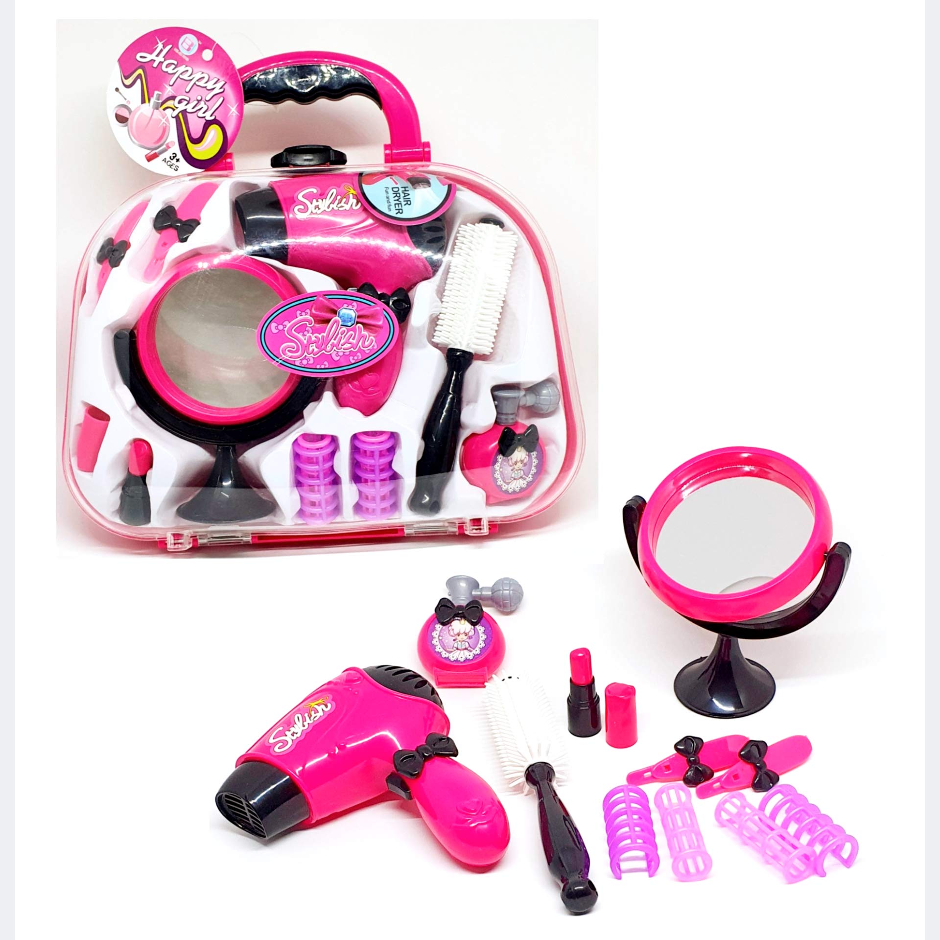Pretend Hairdressing and Beauty Set for Girls, with mirror and battery-operated hair dryer – all in a portable carry case (With plastic mirror: not-glass)