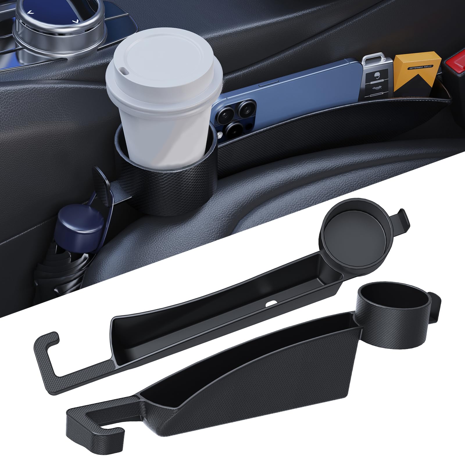 Photo 1 of 2 Pack Universal Dual Car Seat Gap Filler with Cup Holder, Car Gap Plug Seat Fillers with Cup Holders Odorless Black-Carbon Fiber Texture for Cars SUV Trucks, Console Side Gap Organizer Storage