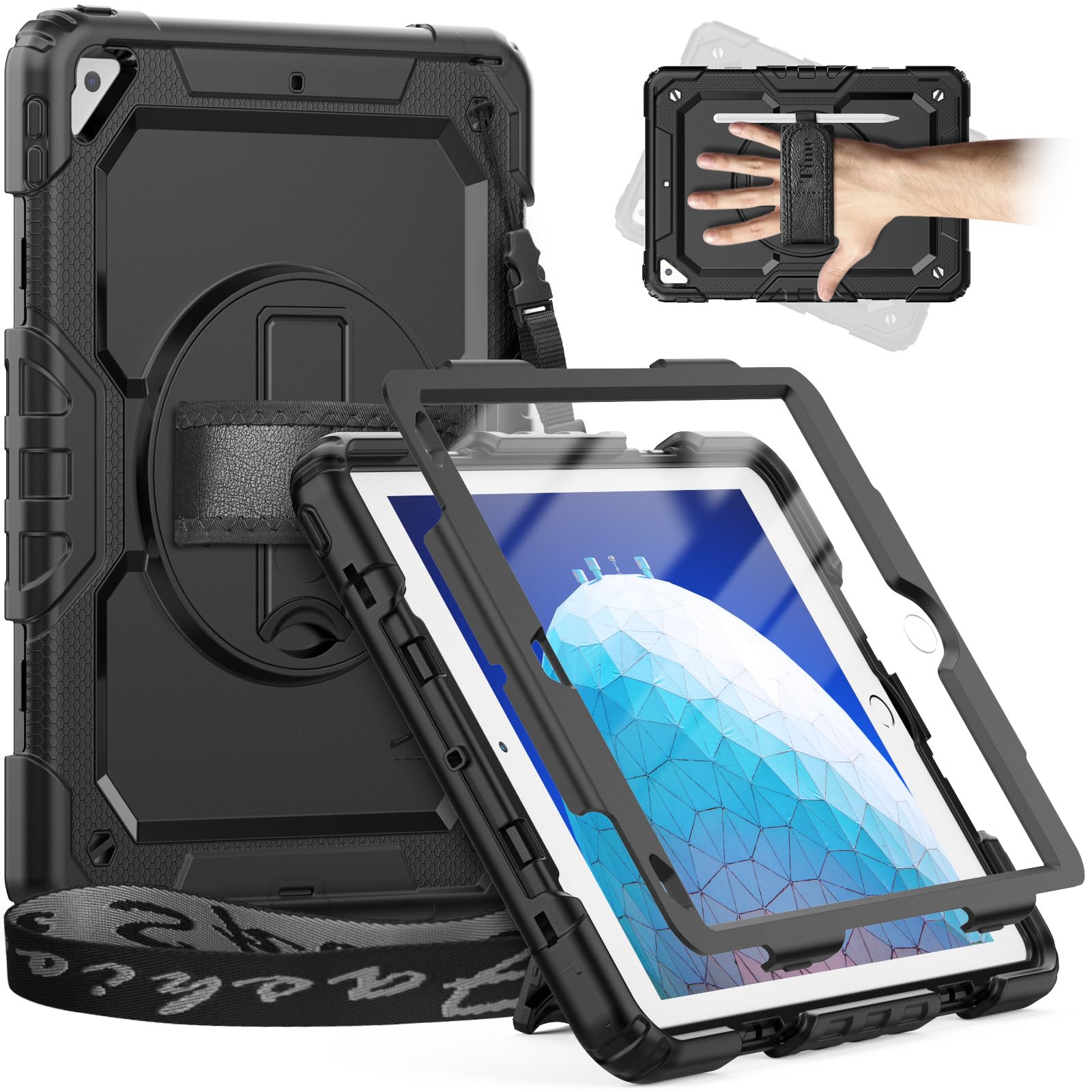 Timecity Case for iPad Air 3/ 3rd generation 10.5 inch 2019, for iPad Pro 10.5 2017 with Screen Protector, 360° Rotating Stand, Hand Strap and Shoulder Strap, Pencil Holder for Kid Cover - Black — image 1