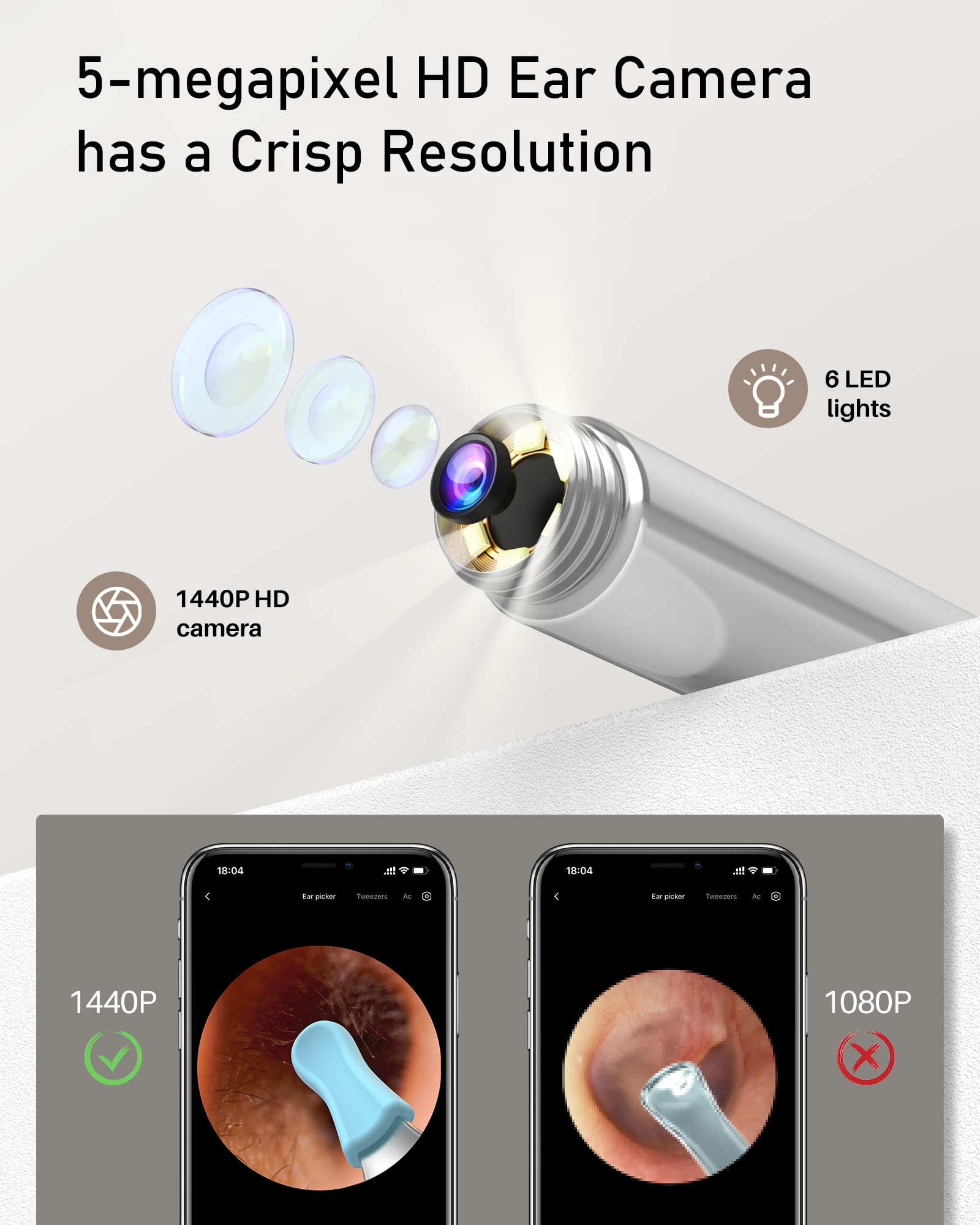 Bebird Pro Ear Wax Removal Tool with 1440P HD Camera and 6 LED Lights, Free with Deep Cleaning Blackhead Remover, Ear Cleaner for Smaller Ears,FDA Ear Wax Removal Kit for iOS,Android Phones