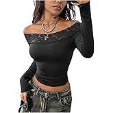 RoseSeek Women's Lace Trim Off The Shoulder Tops Long Sleeve Slim Fit Crop Tops Fall Clothes