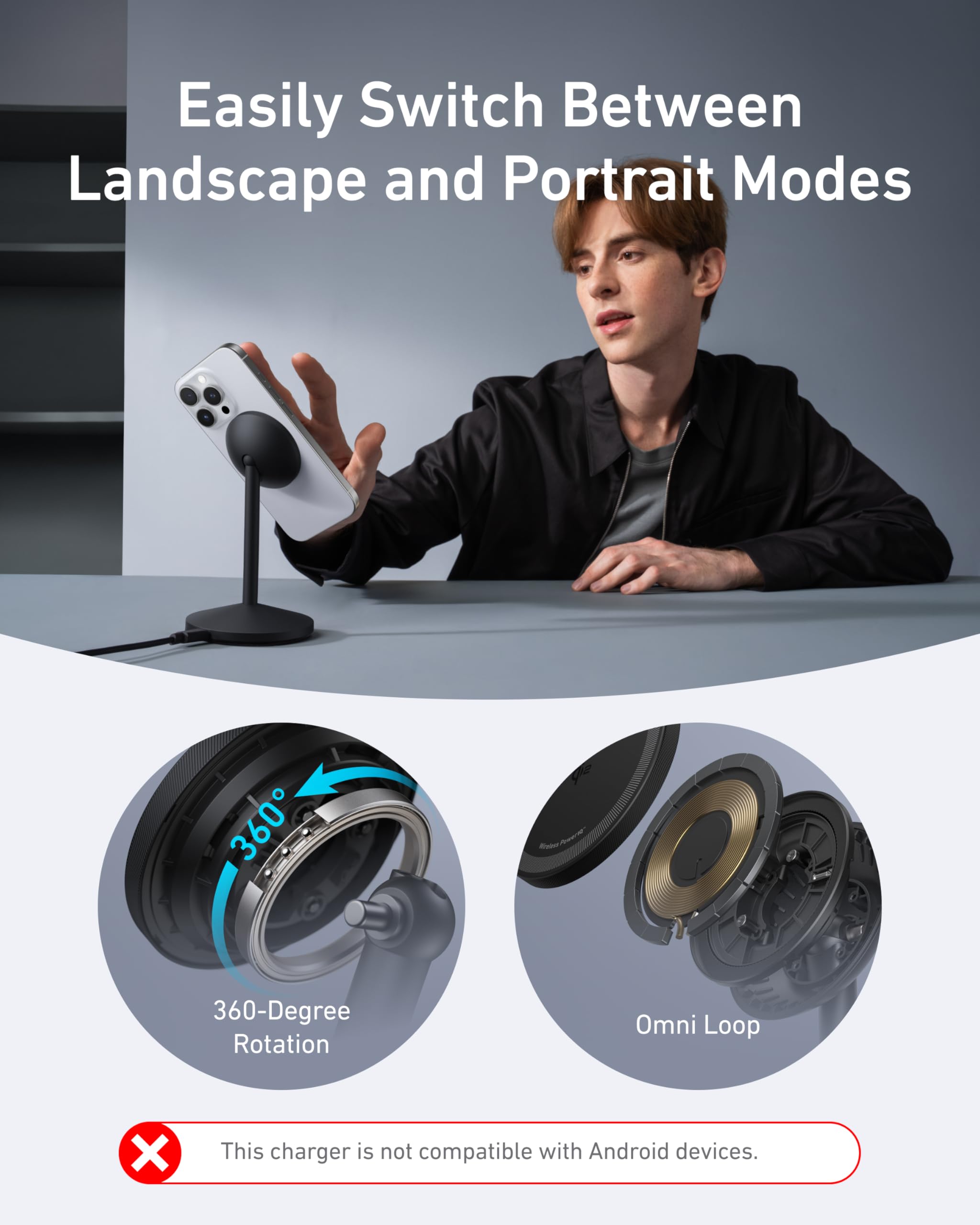 Anker MagGo iPhone 17 MagSafe Charger Compatible Stand, 15W Fast Magnetic Wireless Charging Station, Qi2 Certified 360° Wireless Charger, Magnetic Stand for iPhone 17/16/15/14/13 Series (No Adapter)