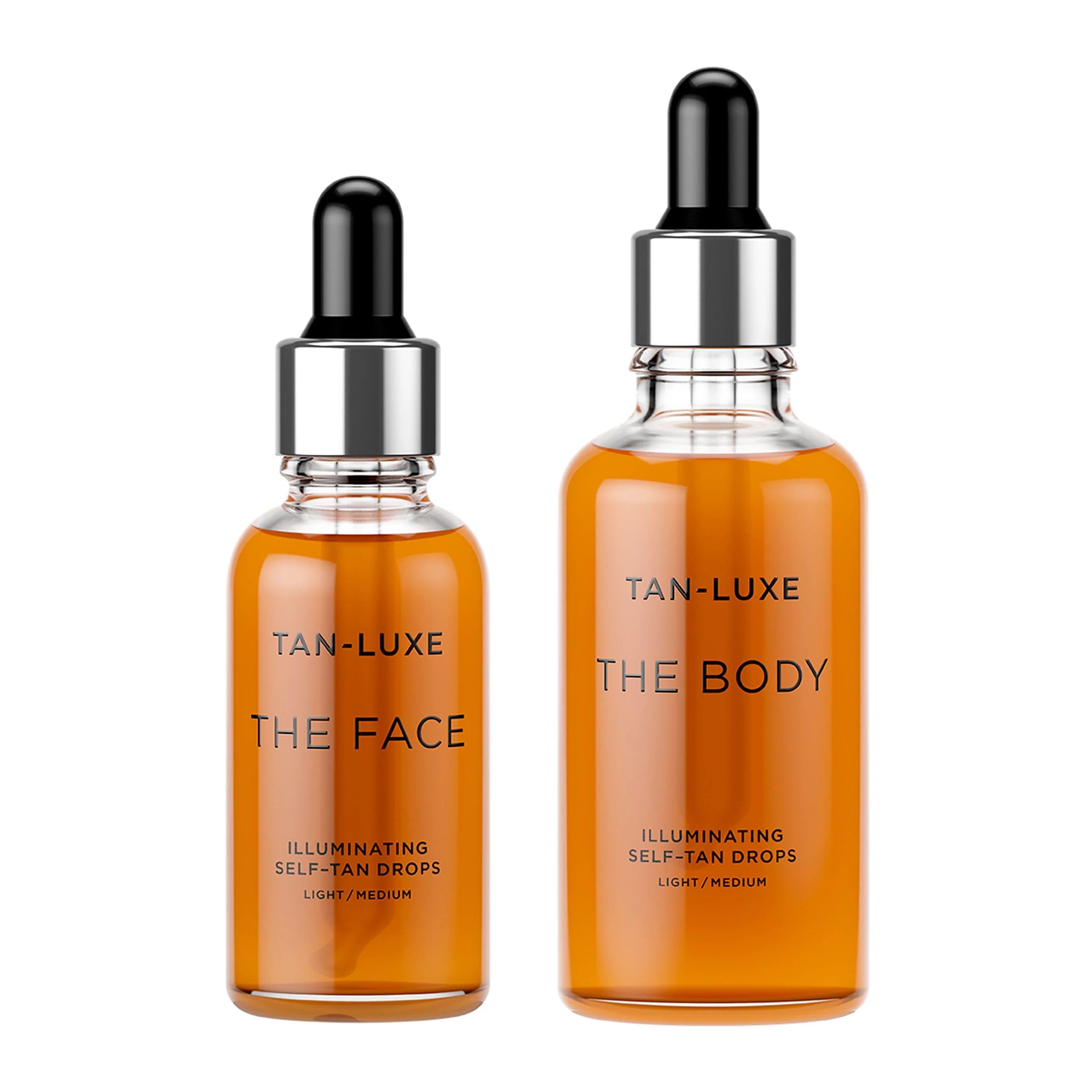 Tan Luxe Fake Tan Drops Set THE FACE & THE BODY, Light/Medium, Add Tanning Drops to Skin Care for Custom Tan, Cruelty Free & Vegan