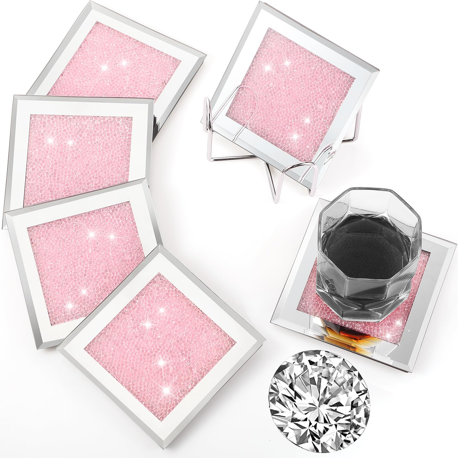 Jetec Crushed Diamond Home Decoration Glass Coaster Set of 6 with 1 Holder, Crystal Mirrored Diamond Coasters Housewarming Gifts for Home Kitchen Bar Table(Pink) — image 1