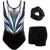 JiAmy Gymnastics Leotards for Girls Sparkly Ballet Dance Outfits with Shorts Scrunchie 3 Piece Set 3-12Y