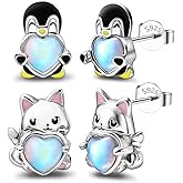 Silver Stud Earrings Set for Women – Sterling Silver Hypoallergenic Earrings Cute Cartoon Animal Earrings Penguin Earrings Cat Earrings Imitation Moonstone Heart Hug Earrings Jewelry Gifts