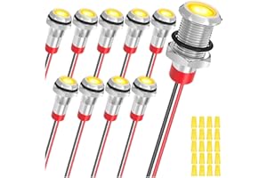 MKBKLLJY 10Pcs 8mm DC12-24V Yellow LED Metal Indicator Light Waterproof Signal Lamp with 150mm Cable Length Metal LED Indicator Light and Wiring Cap for Car Interior Trucks Boats Engine taillight