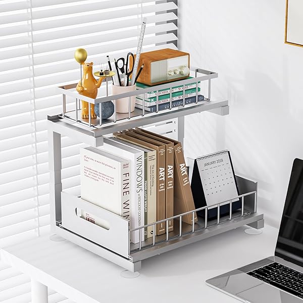 TOYEAR UNDER SINK ORGANIZER, HEAVY DUTY METAL PULL OUT CABINET ORGANIZER SLIDE OUT SINK SHELF ORGANIZER HEIGHT ADJUSTABLE, MULTI-PURPOSE STORAGE SHELF FOR KITCHEN BATHROOM(SLIVER,1PACK)