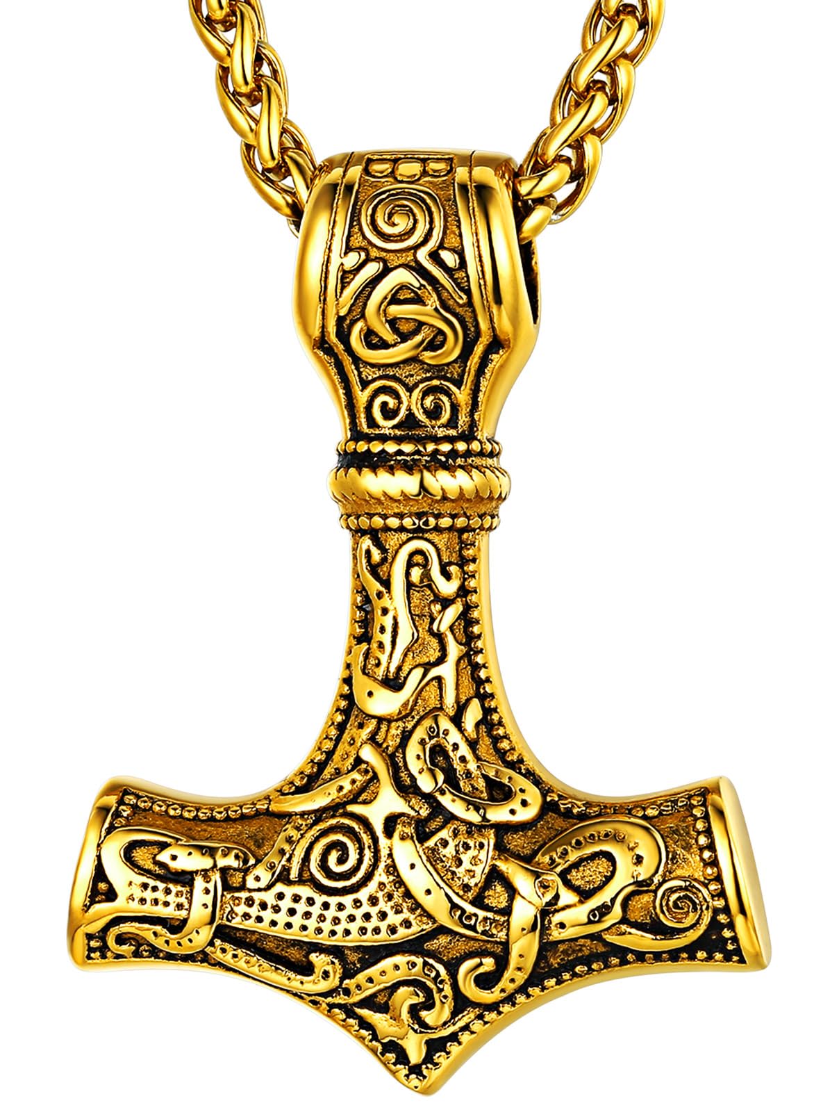 FaithHeart Mens Hammer Necklace Gold Norse Viking Jewellery Stainless Steel Mjolnir Pendant Necklaces Nordic Amulet Jewelry Gifts