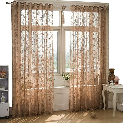 Amazon Com Dark Brown Sheer Curtains Leaves Jacquard Voile Window