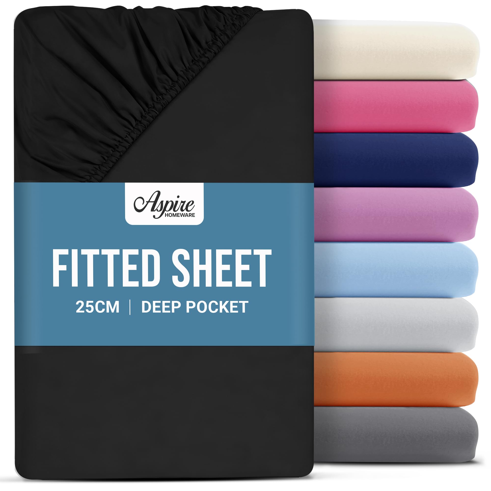 Aspire Homeware Double Fitted Sheet - 25 cm Deep Hotel Quality (Black) Bed Sheets - Soft & Breathable Fitted Bed Sheets Double - Anti-Wrinkle Easy Care Fitted Sheets