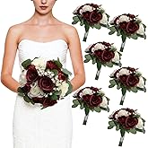 DIYDOFUN Set of 6 Bridesmaid Bouquets, 11 Inch Wedding Bouquets for Bridesmaids Artificial Flower Bouquets for Wedding Ceremony Bridal Shower Decorations - Burgundy & White