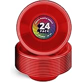 DecorRack 24 Small Plastic Bowls, 7 inch Disposable 12 oz Serving Bowl, Fruit Snack, Popcorn, Soup, and Salad, Kids Birthday and Holiday Party Supplies, Red (Pack of 24)