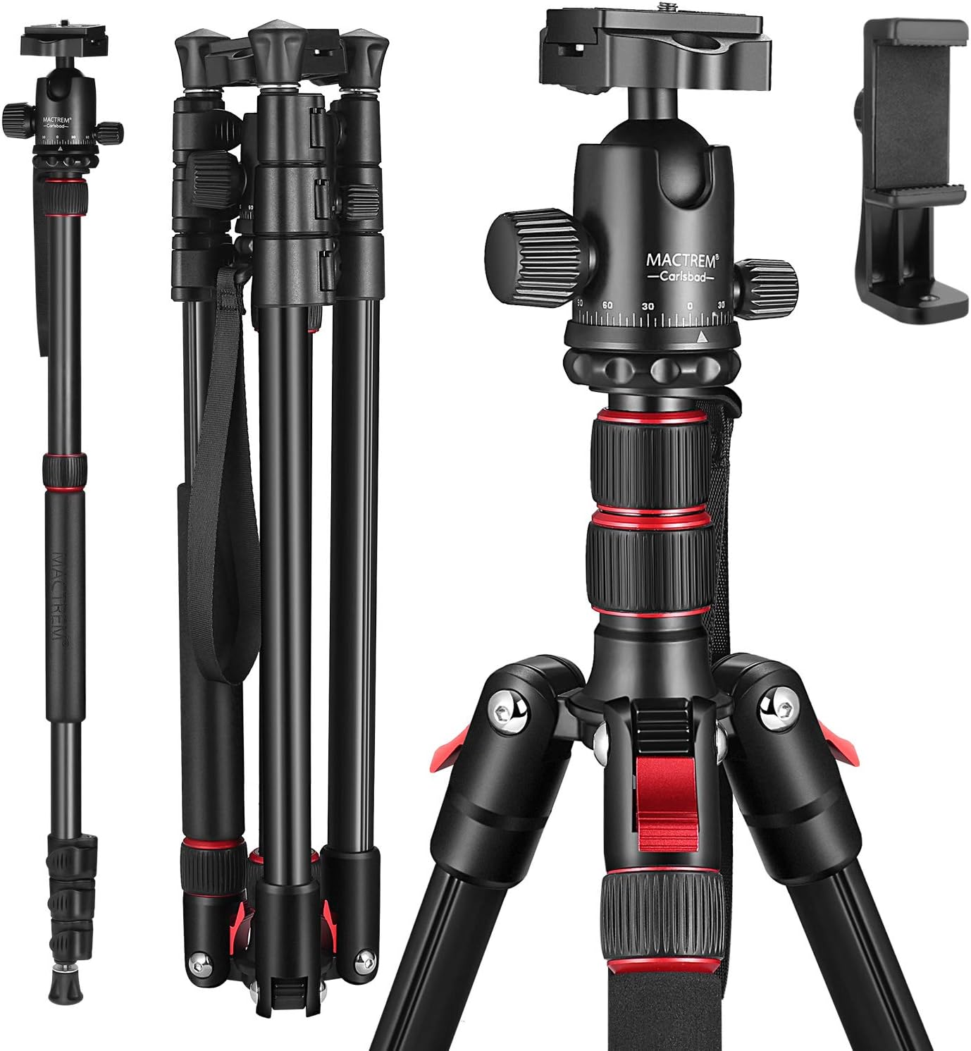 MACTREM 80" Camera Tripod, DSLR Tripod for Travel, Lightweight Aluminum 360 Degree Ball Head Professional Tripod, Monopod with Carry Bag, Phone Mount, 18.5" to 80", 33lb Load(Black)