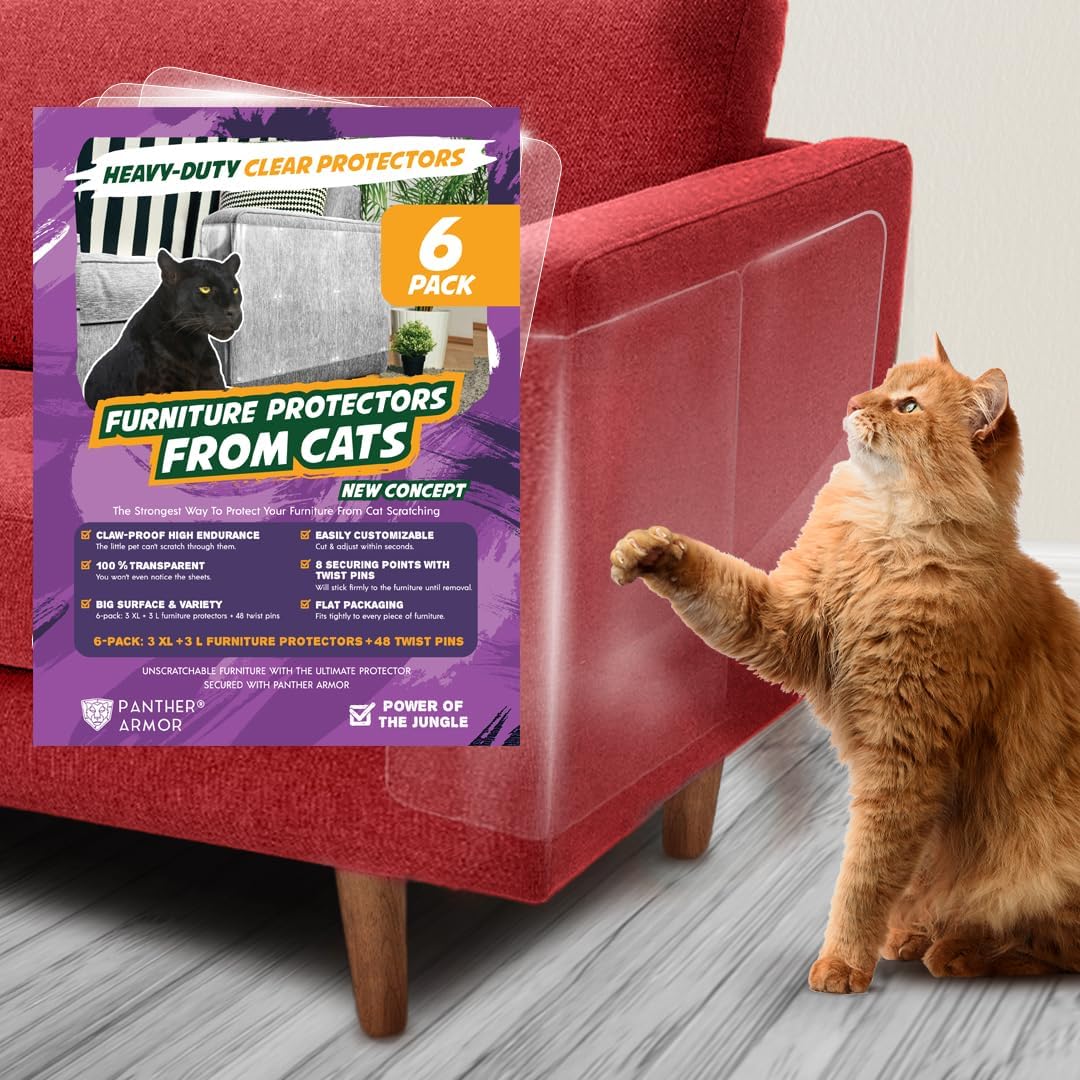 Photo 1 of 6 Pack Cat Scratch Furniture Protector Sheets – Clear Couch & Sofa Guard from Cat Claws – Easy Apply, Removable, with Twist Pins (3 XL + 3 Large)
