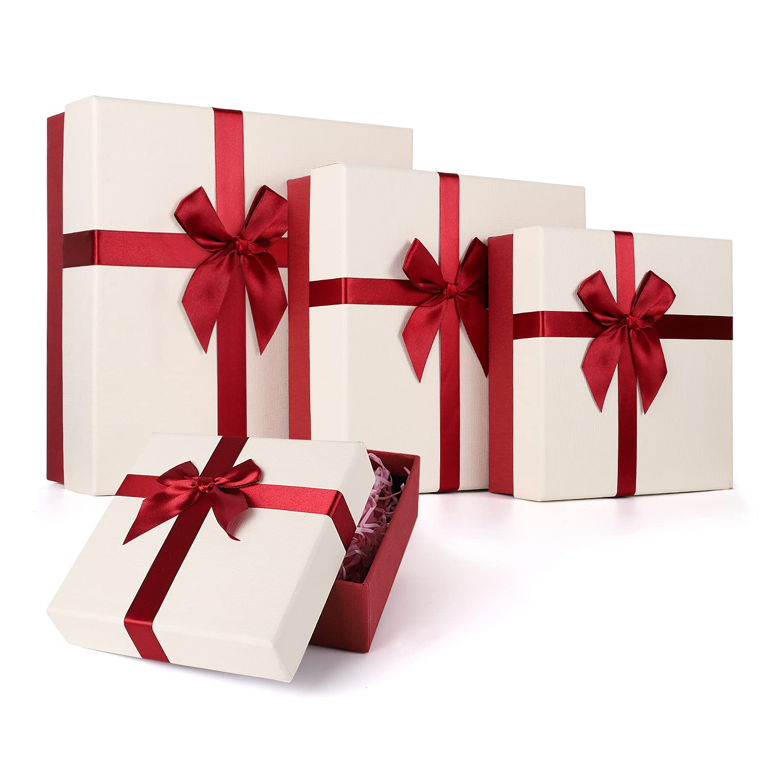 Gift Boxes with Lids - a Nested Set of 4 Gift Wrap Boxes for Present, Square Present Boxes for Birthday, Festivals, Anniversaries, Weddings, etc.(Red/Cream)