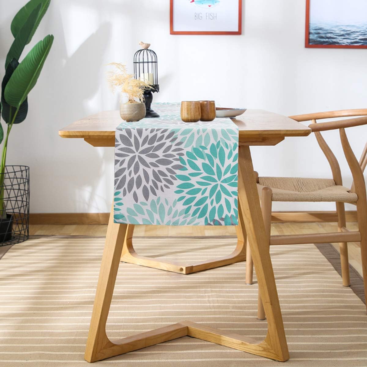 Alishomtll Dahlia Pinnata Table Runner Green and Gray Print Flower Table Runners for Catering Events, Dinner Parties, Wedding, Spring Holiday, Indoor and Outdoor Parties: Home & Kitchen