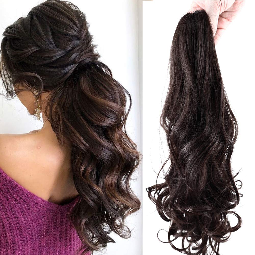 Cybelleza Ponytail Extension Curly Wavy Claw Jaw Pony Tail Clip in Hair Extensions Hairpiece Synthetic Long for Women (Medium Brown)
