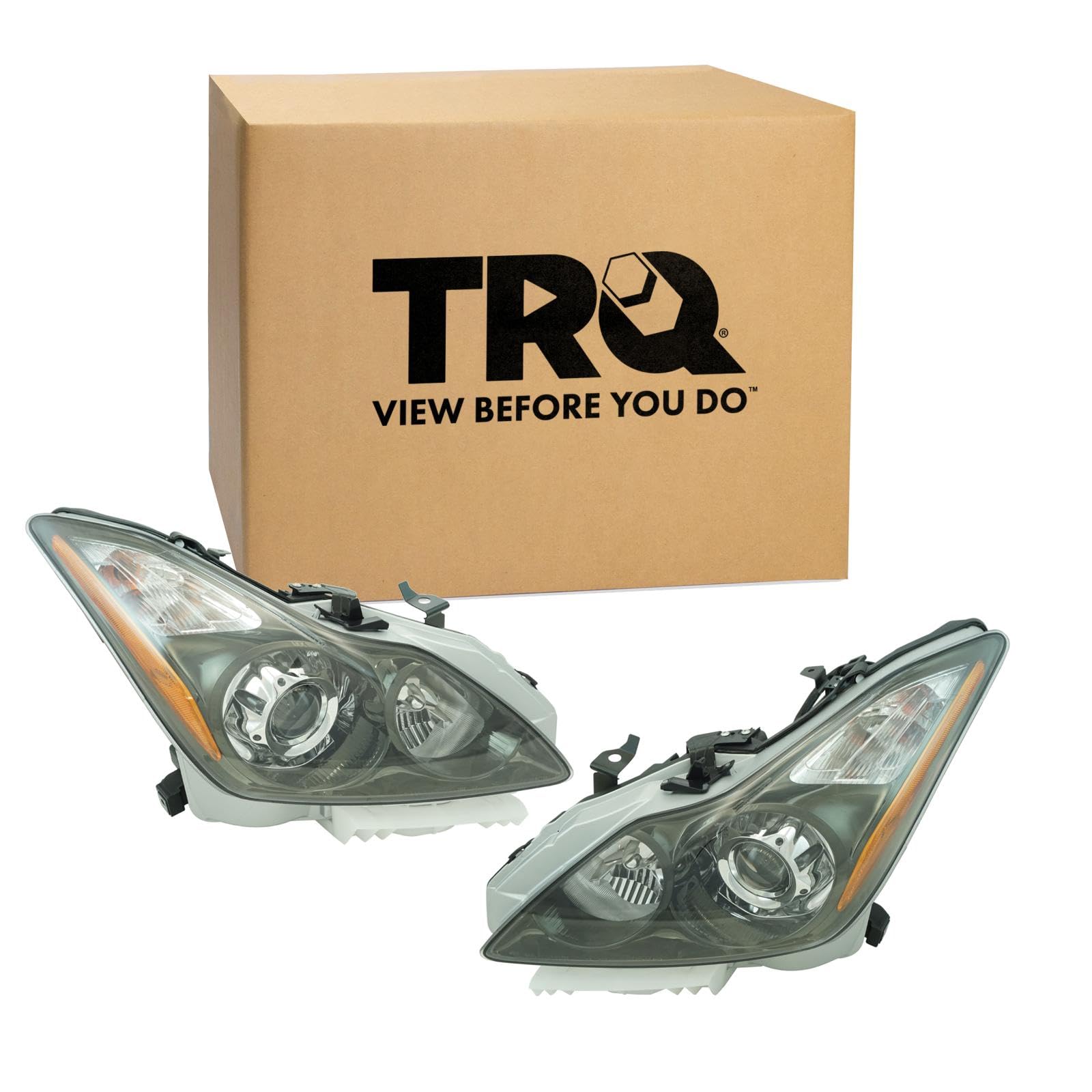 TRQ 2 Piece Headlight Assembly Set Titanium Light Bezel Driver & Passenger Side Compatible with Infiniti G37 2011-2013 Q60 2014-2015 IN2502148 IN2503148 260101NL0B 260601NL0B