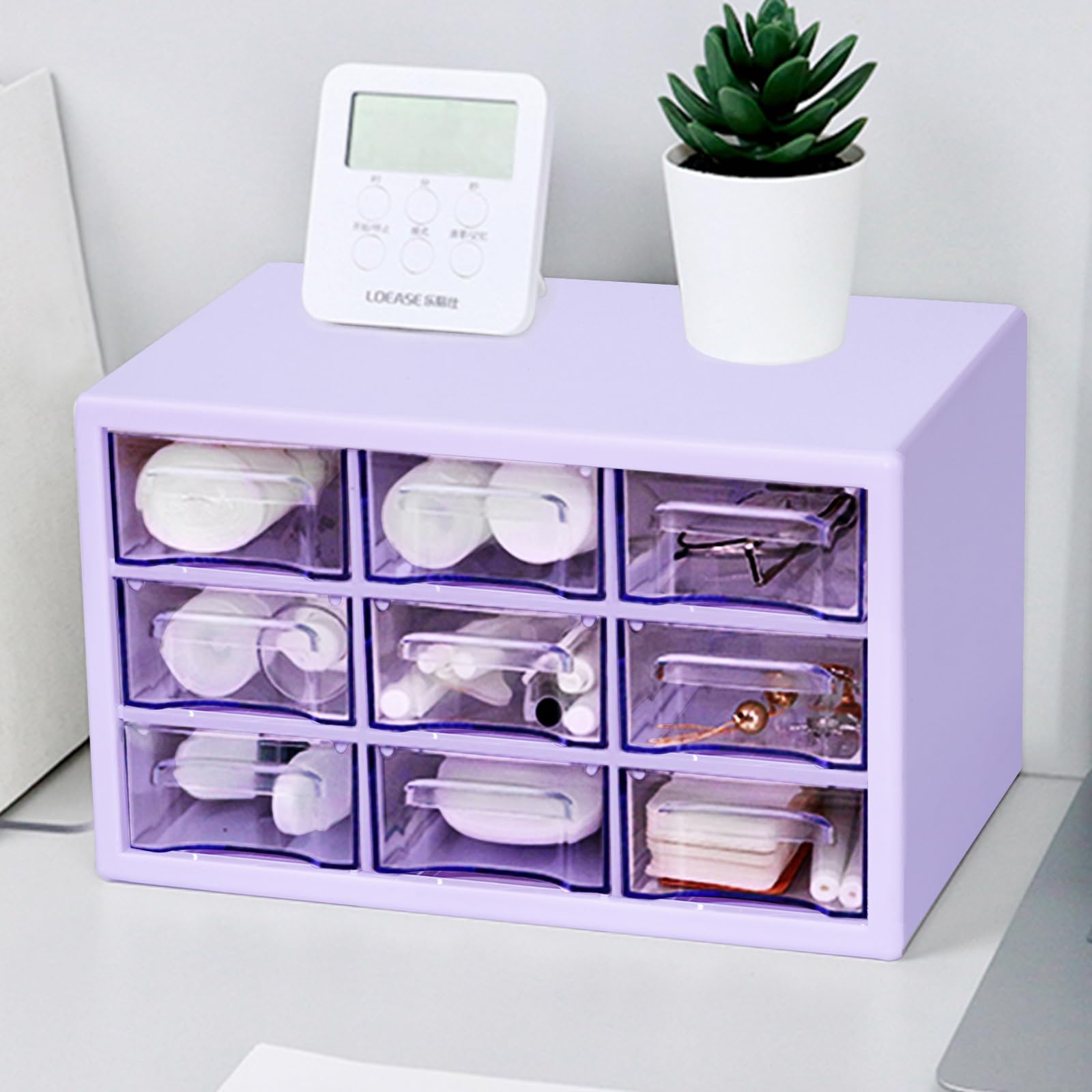 JOENCOST Desk Storage Organizer with 9 Drawers, Clear Plastic Storage Cabinet, Stackable Desk Storage Box for Makeup Office Craft Hardware Art Supplies,9.8x6.3x5.9inch（Purple）