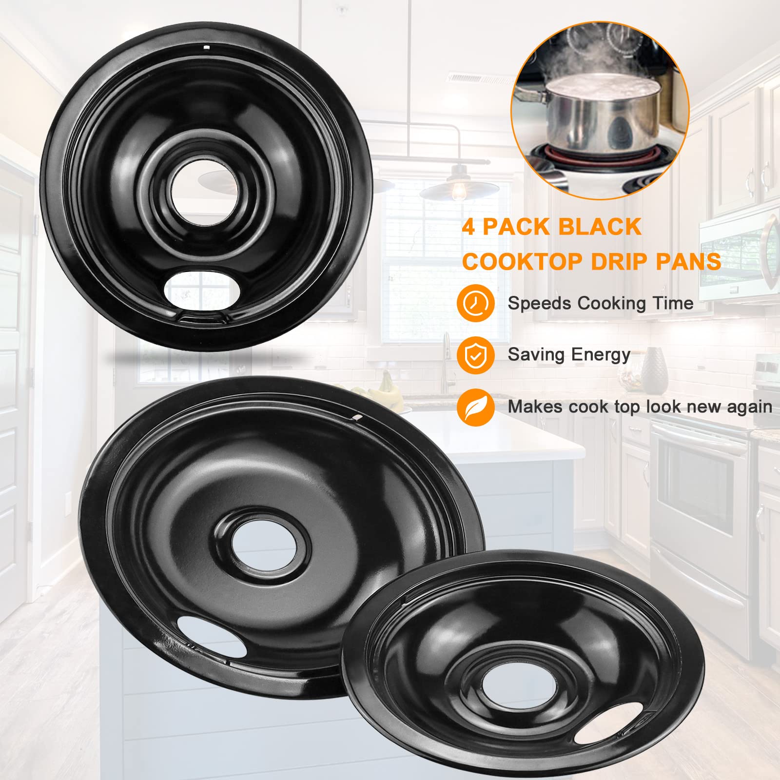 Black Porcelain Drip Pans Set 4-Pack 318067041 & 318067051 Compatible with Frigi-daire Ken-more Range Oven Replaces Electric Range Stove Burner 5304430149,5304430150 by Fetechmate