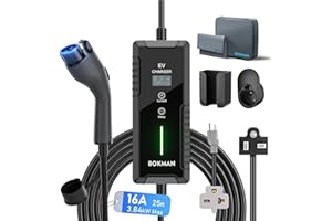 bokman Portable Level 1&2 EV Charger (240V, 16A) with 25ft Charging Cable and NEMA 6-20 for SAE-J1772 Electric Vehicles Current Adjustable and Reservation Charging Function (NEMA 5-15 Included)