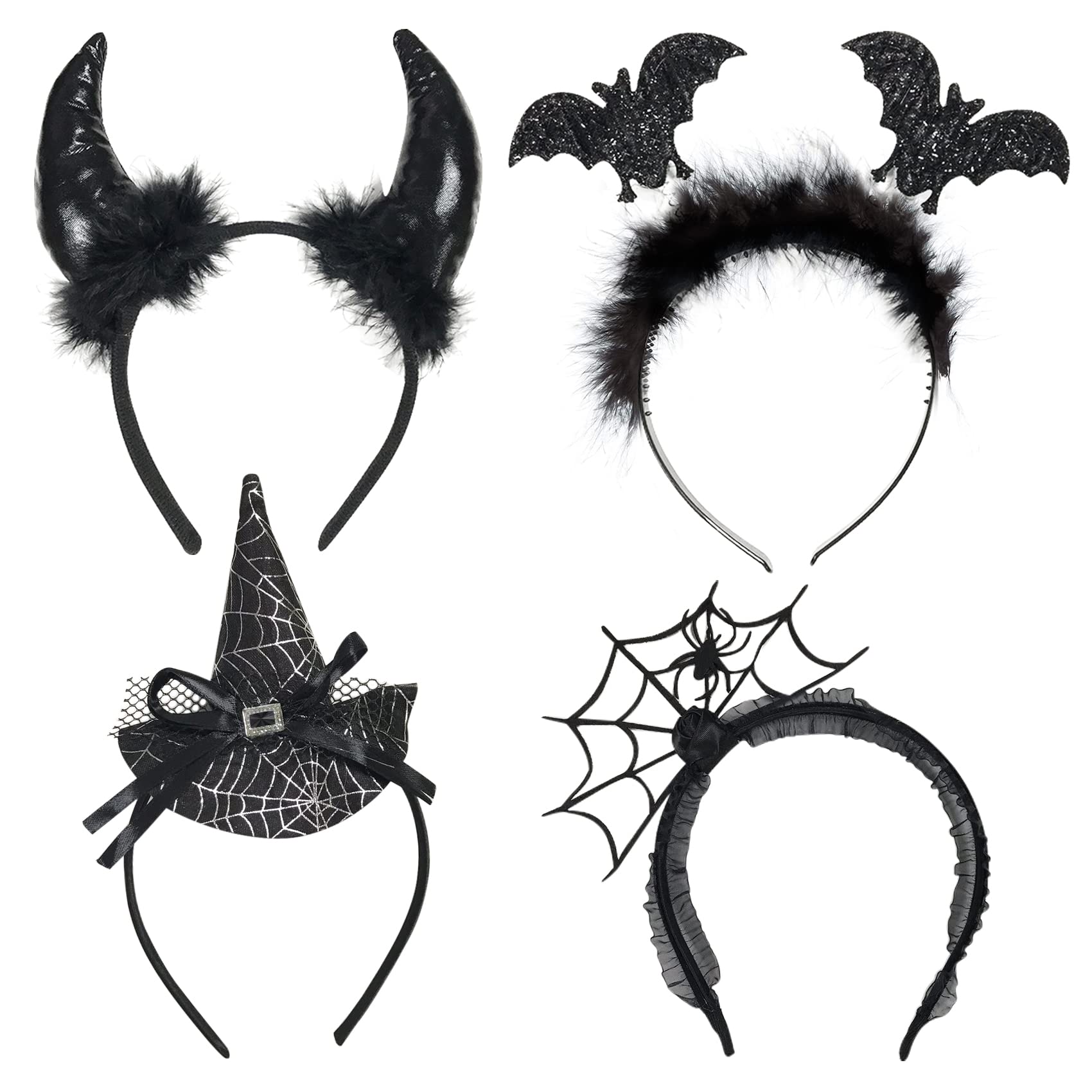 RMMD Halloween Headbands for Women 4 Pack Assorted Halloween Headwear Spider Bat Witch Devil Horns Headband for Kids Adults