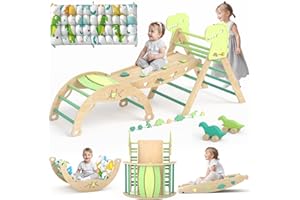 KidsBuddy Pikler Triangle Set with Cushion 9 in 1 Large Climbing Toys for Toddlers 1-7 Indoor Baby Climbing Gym Montessori Toys Wooden Climbing Toys with Maze Toys, Shape Sorting Toys, Dinosaur Car