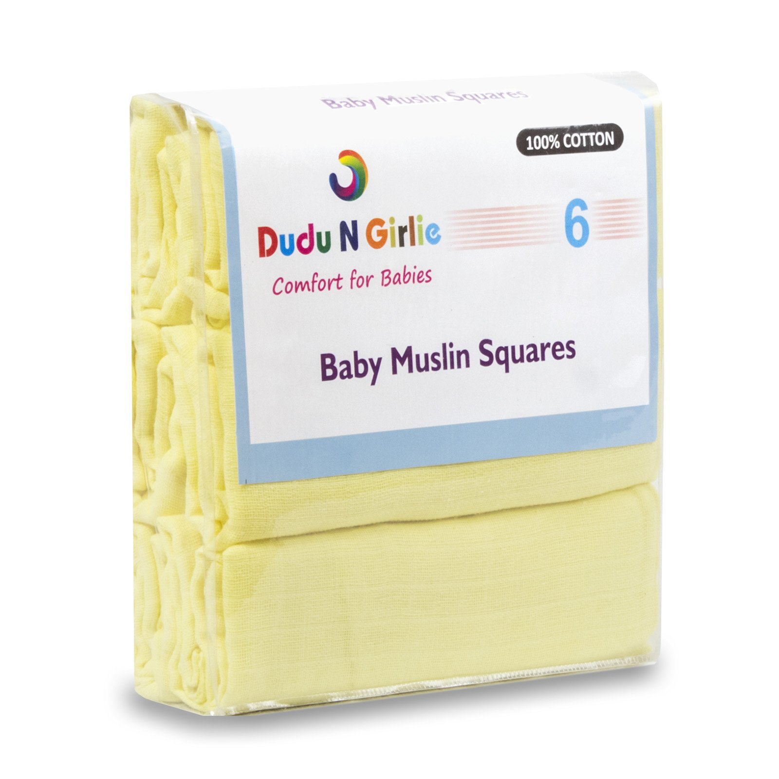 DUDU N GIRLIE Muslin Cloths for Baby 70x70cm - Soft, Absorbent & Breathable 100% Pure Cotton Burp Cloths - Ideal to Clean, Wipe & Cover Newborn Blanket Unisex Muslin Squares (Pack of 6, Yellow)