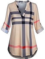 SeSe Code Womens 3/4 Roll Sleeve Shirt Notch Neck Loose Tops Plaid Tunic Blouse(FBA)